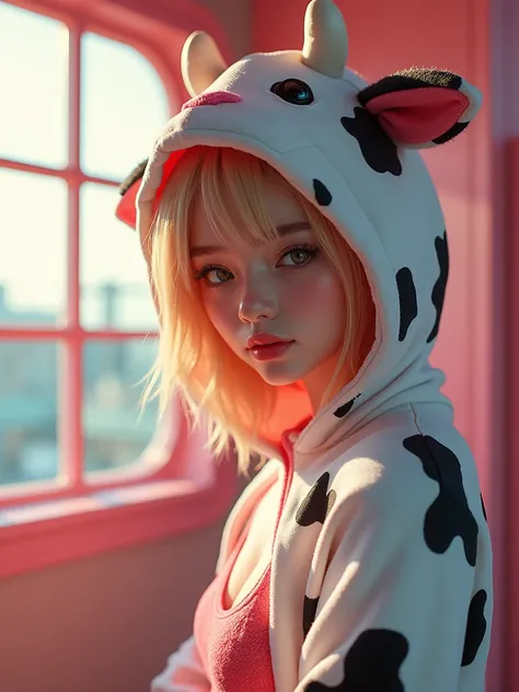 A woman in a cow costume poses for a photo, the spotty text "Nami" on the wall, inspired by Edo Murtich, tumblr, gorgeous bikini model, anime Barbie doll, ultra-realistic cute bunny girl inspired by Nier : automata