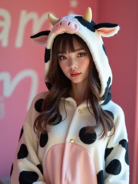 A woman in a cow costume poses for a photo, the spotty text "Nami" on the wall, inspired by Edo Murtich, tumblr, gorgeous bikini model, anime Barbie doll, ultra-realistic cute bunny girl inspired by Nier : automata