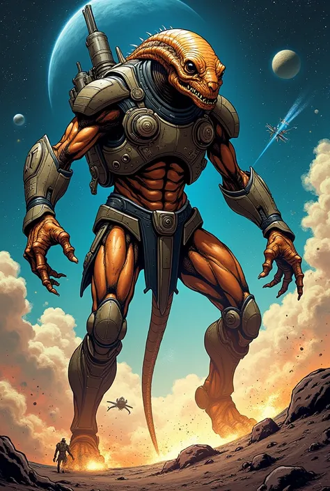 Brown alien being in comic book style with tall stature in combat with space war suit.