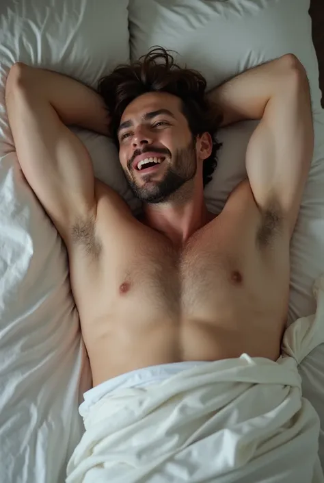 A white man, tem bigode, he is lying on the bed with his arms crossed behind his head, shirtless and panting 