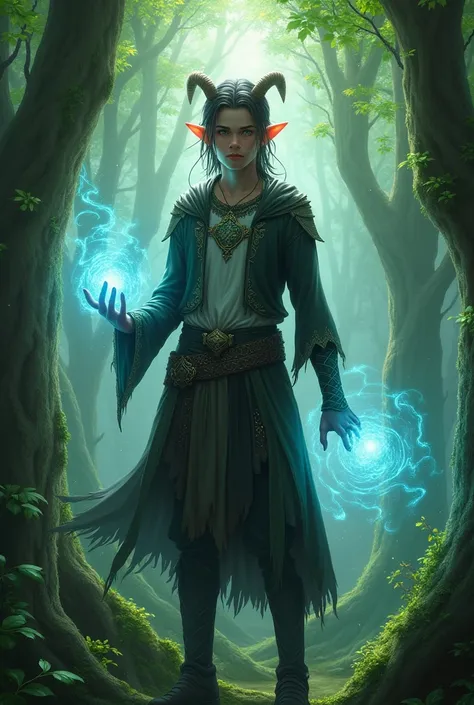 Kieran in the Forest of Valenwood:"A young hybrid character, with a mix of elf and demon features, standing in a lush, magical forest. The character has pointed ears, a lithe build, and glowing eyes, with one hand emitting a faint blue aura of magic. The f...