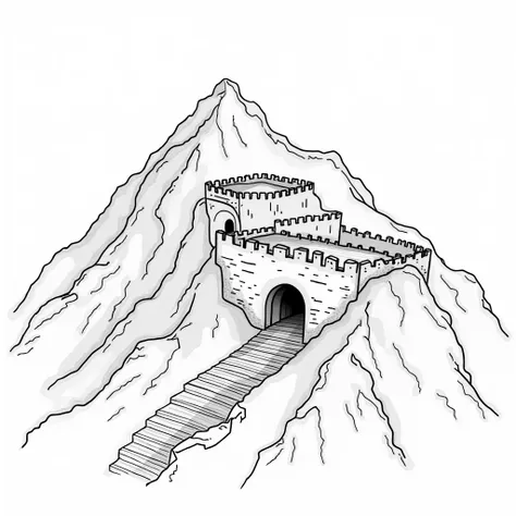 Jacques prevert illustration art, an illustration of an ancient military fortress, part of which is located inside the mountain, line draw, white simple background --ar 2:3 --stylize 50