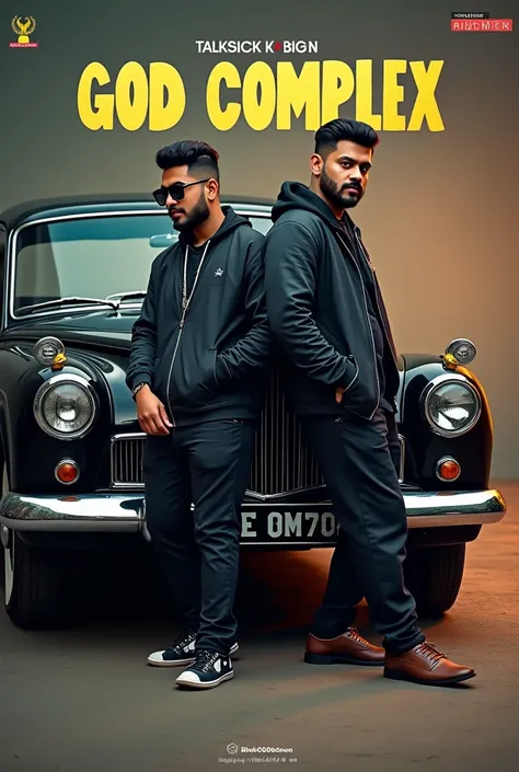 Create a cover photo for a rap music single named  "God Complex". It features 2 indian artists. "TalkSick and BIG N". Both are leaning on a black vintage car with a pose.