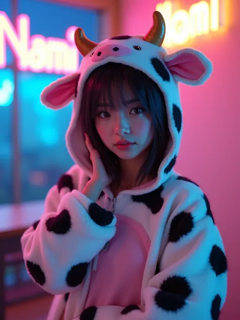 A woman in a cow costume poses for a photo, the spotty text "Nami" on the wall, inspired by Edo Murtich, tumblr, gorgeous bikini model, anime Barbie doll, ultra-realistic cute bunny girl inspired by Nier : automata