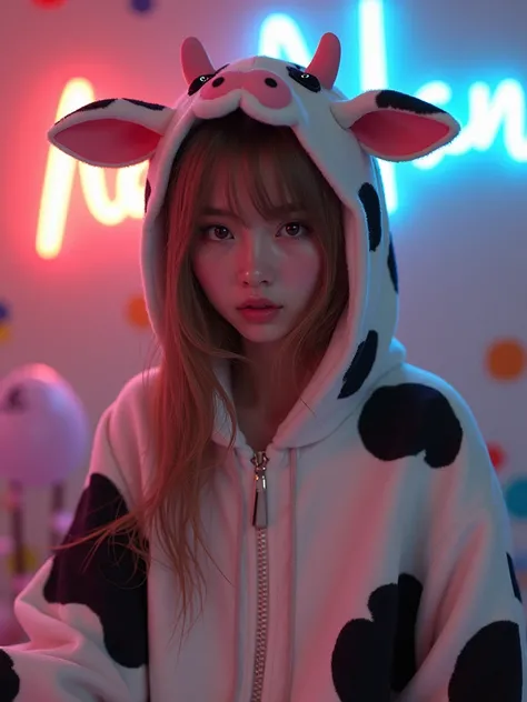 A woman in a cow costume poses for a photo, the spotty text "Nami" on the wall, inspired by Edo Murtich, tumblr, gorgeous bikini model, anime Barbie doll, ultra-realistic cute bunny girl inspired by Nier : automata