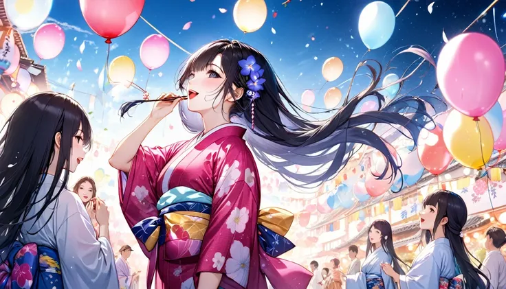 Panorama, Low - Angle, Japanese Festivals, Black hair is the easiest to grow、Very long hair (Girl, Beauty, Moisture in Every Detail), (Glossy pink lip, Open your mouth, Smile), Wearing a very beautiful yukata with double exposure morning glories) break, Ni...