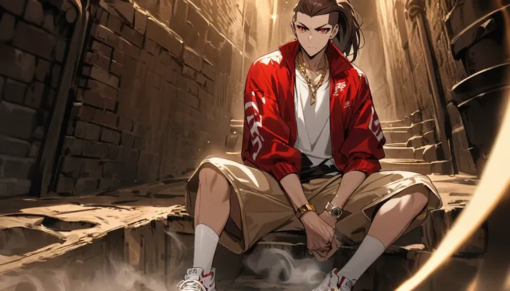 Solitary, Handsome, 1 male, Dark brown long hair ponytail, Side shaved hair，Red Eye, hip hop wear，White top，Red loose baseball jacket, Light brown loose knee shorts，white stockings，white sneakers，Wearing a gold watch on the left hand，Wear a gold necklace, ...