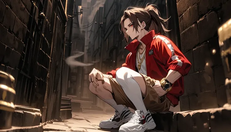 Solitary, Handsome, 1 male, Dark brown long hair ponytail, Side shaved hair，Red Eye, hip hop wear，White top，Red loose baseball jacket, Light brown loose knee shorts，white stockings，white sneakers，Wearing a gold watch on the left hand，Wear a gold necklace, ...