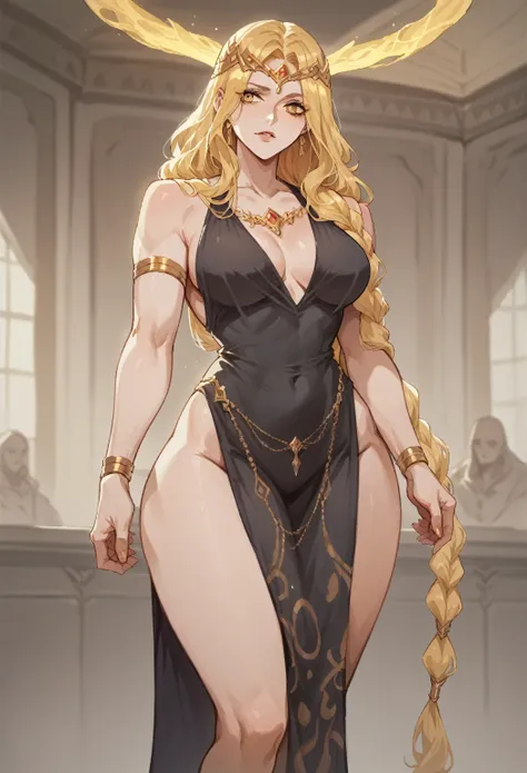 nsfw, a woman in provocative royal robes, modest bust and a narrow waist, increadibly long golden hair and gold eyes, royaly, qu...