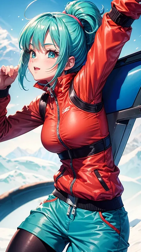 Bulma from Dragon Ball skiing in skiwear