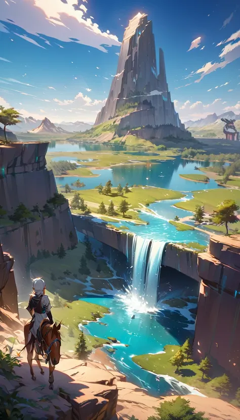 Long desert, sky limpo, cenáRiu, moonligh, stele, high qualiy, anime style artwork, best qualityer, high qualiy, Extremely detailed CG 8k unity wallpaper, paisaje, open air, sky, nube, sky, sin humanos, moutain, paisaje, water, tree, blue sky, waterfall, c...