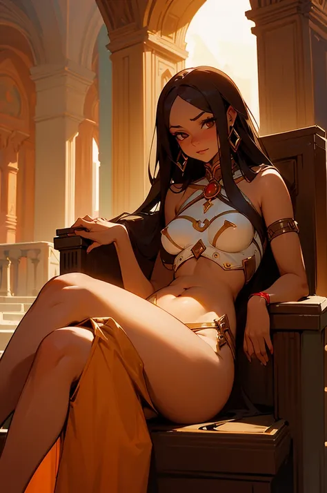 slim-thicc, beautiful, callipygian, fertile, lusty desert princess, milf, naked, barsoom, mars, rome, a little bit of a belly paunch, decorated harness, dusky ochre red skin, dark hair. lounging in luxurious throne room