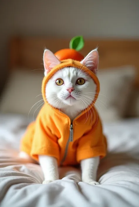 Create a white cat wearing a fruit costume on top of a bed 