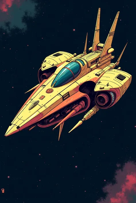 Airplane-like ship, space-style carcass, comic book design. 