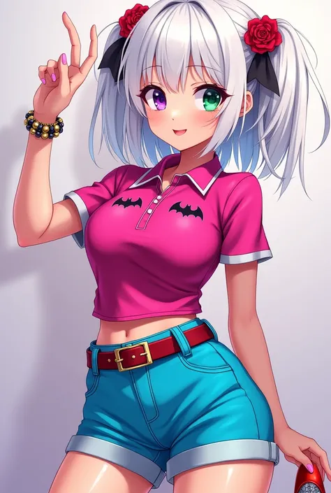 Anime girl tight polo shirt vibrant pink with bat and rose details bright blue shorts boots red heels with a metallic shine and her eyes are one purple and the other green bright beautiful and white hair color and medium hair size very beautiful.