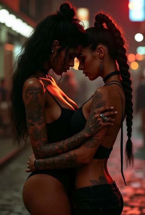 (photorealism:1.2), Black woman with a statuesque-body shape kissing a tattooed (on the arms, legs, belly, back and neck area) punk young girl in the streets at night. 