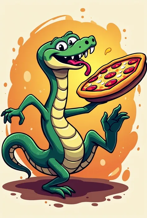 funny snake logo with arms, running and holding pizza 