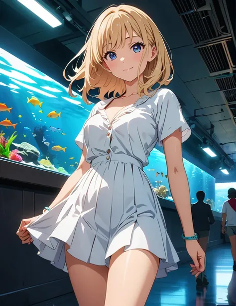 (anime artwork, anime style, studio anime, very detailed, up to date, vibrant, Anime Coloring, high contrast, masterpiece:1.2, best quality, best aesthetics),1 girl, Medium chest, A glimpse of thighs,happy,aquarium,light smile, summer clothes,crowd, 