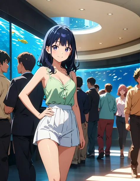 (anime artwork, anime style, studio anime, very detailed, up to date, vibrant, Anime Coloring, high contrast, masterpiece:1.2, best quality, best aesthetics),1 girl, Medium chest, A glimpse of thighs,happy,aquarium,light smile, summer clothes,crowd, 