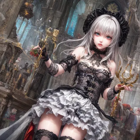 a gothic lolita girl in a majestic cathedral, beautiful detailed eyes, beautiful detailed lips, extremely detailed eyes and face, long eyelashes, elegant gothic dress with a skirt full of frills, red accent embroidery, long shining white hair, mysteriously...