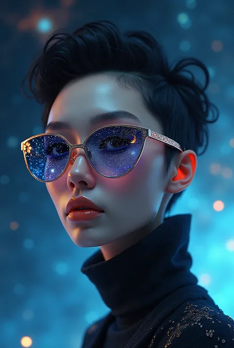 The model is wearing glass sunglasses with stars and the moon on the glass