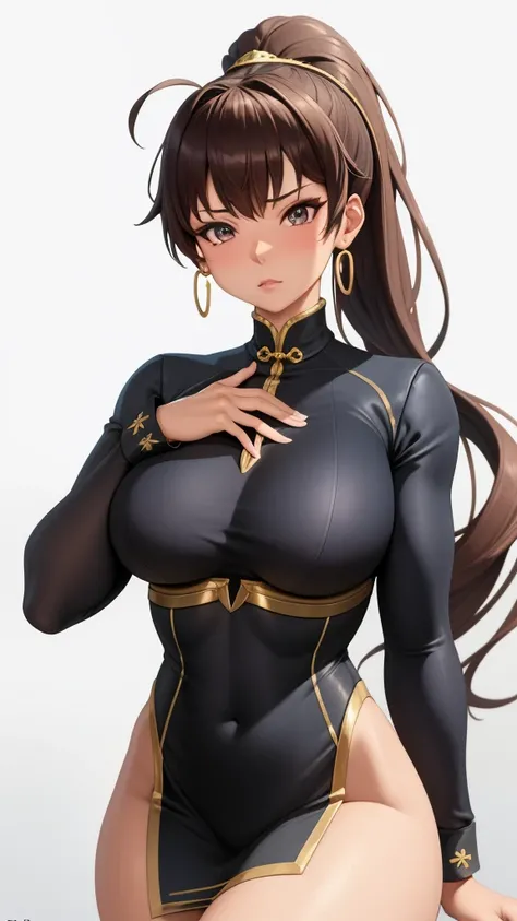 (best quality:1.5, highres, UHD, 4K, detailed lighting, shaders), chun-li, large breasts, suit, gray shirt, social shirt, short skirt, mature woman , (pov), white background, colorful eyeshadow, dramatic lighting, sparkling eyes, sensual expression, golden...