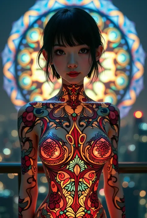 (masterpiece, Highest quality), 8k,(((Very detailed))), Race:1.8,Super intricate Race pattern,colorful Race pattern,Stained glass background transparent body, Mandala,light up,cold, 1 female,Open Back, 18 years old、Japanese, Photo of Lee Jae, tumbler, sult...