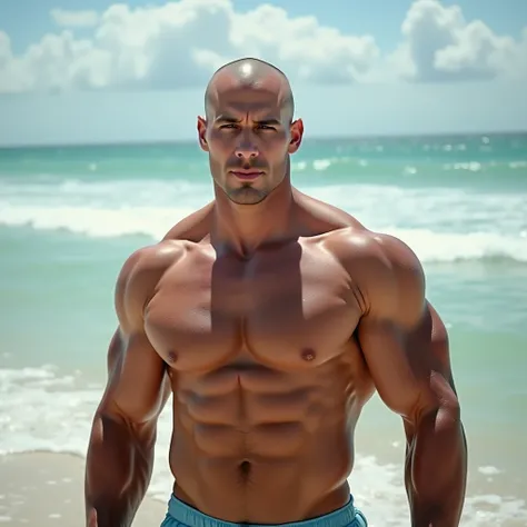 a photo taken from a distance, high resolution, ultra detailed), a man on the beach. The man is looking at the viewer, he is very tall, bodybuilder, huge and exaggerated muscles, hot, perfect elongated face, handsome, bald, deep and detailed eyes, bald, sh...