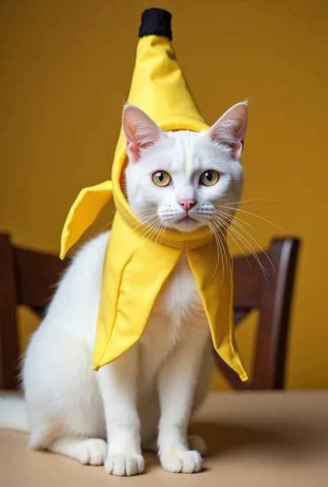 Create a white cat on a table with a banana costume