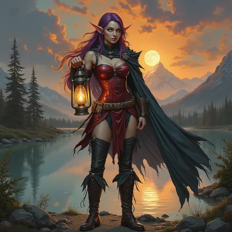 A powerful elven sorceress stands by a calm lake at dusk, holding a lantern that emits a soft golden light. She has long orange and violet hair, bright green eyes, and wears a red leather corset with a loose black cape. Her ears are pointed, and she has an...