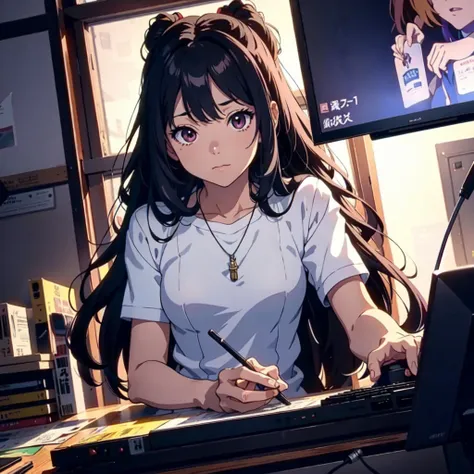 close-up of a person sitting at a desk with a television, smooth anime cg art, anime very detailed, ( highly detailed figures ),...