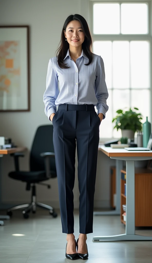 Japanese female 1 person, An attractive office manager, 50 years old, Striped shirt, Pants Looks, High heels, Full body photo