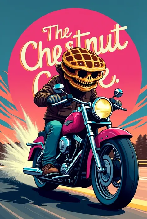 (80s) Pink logo with the phrase waffles "The Chestnut Grove", with an animated waffle on a harley motorcycle 