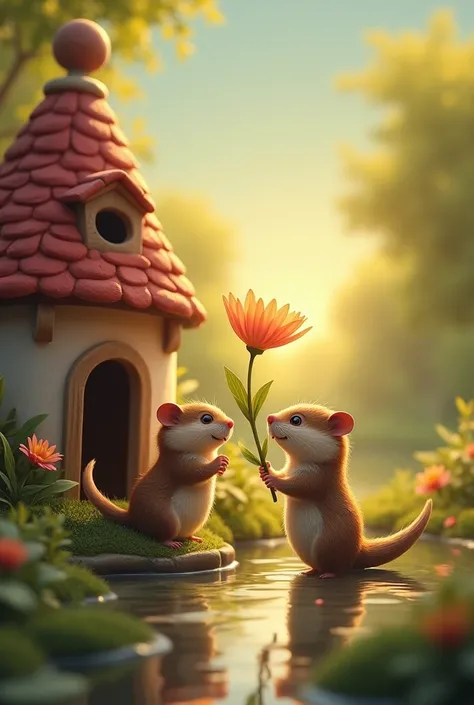 Hamster and an Otter carrying the flower to the little house, with the flower shining brightly.