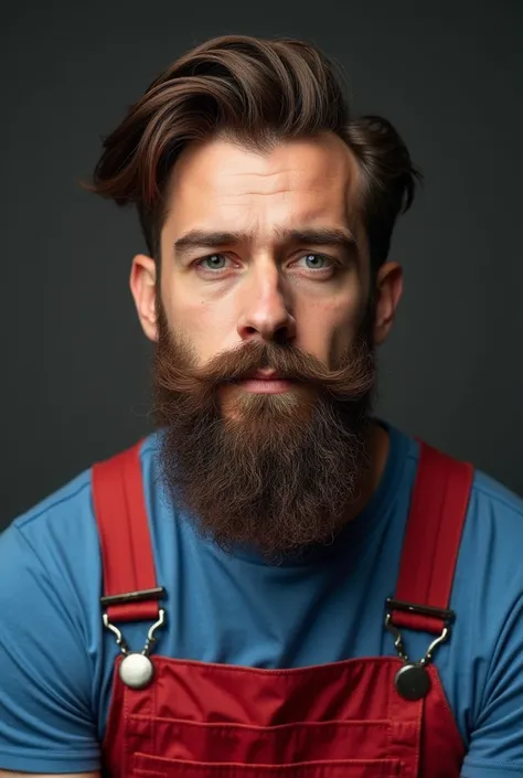 American male in his late 30s, brown hair, Hair of moderate length, lifted upwards, Side hair is shaved short, The moustache is long and covers the sides.. The beard is round and bushy., The chin is long and opens very widely to the sides., The ears protru...