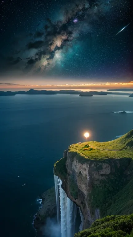 Fantasy、Different world、starry skies、Three moons、Two Saturns、shooting star、milky way、colorful clouds、Different world、The ocean spreads out、Big waterfall、Countless islands floating in the sky、Vast views、Wide-angle lens、Composition looking down from a high h...