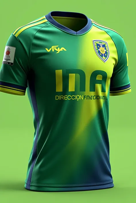 Create a football shirt with light green and dark green colors ,that has the INIA logo as a shield and the sponsor must say DIRECCION NACIONAL
