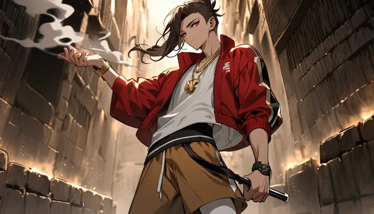 Solitary, Handsome, 1 male, Dark brown long hair ponytail, Side shaved hair，Red Eye, hip hop wear，White top，Red loose baseball jacket, Light brown loose knee shorts，white stockings，white sneakers，Wearing a gold watch on the left hand，Wear a gold necklace, ...