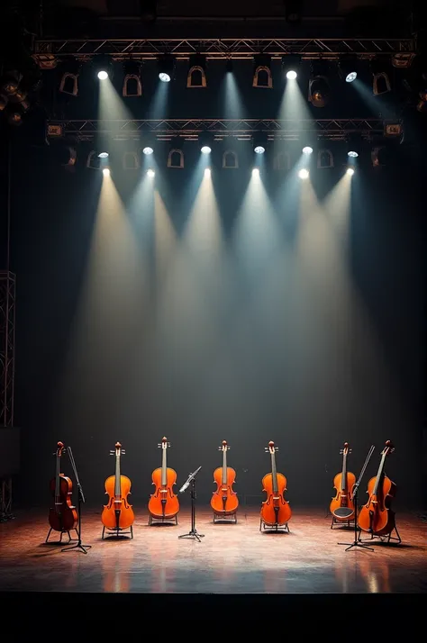 The magnificent concert stage, black, quiet and no one there, full of lights, and musical instruments