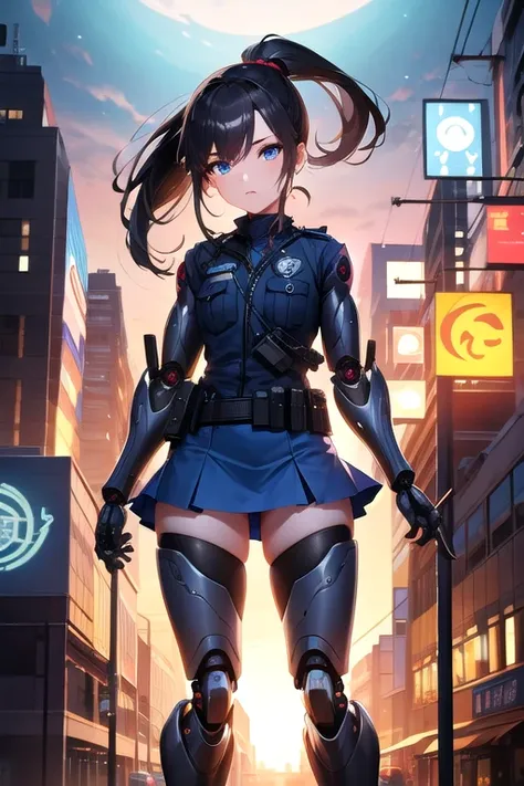 Female Robot、Police Officer、Night city patrol、Mechanical Arm、Mechanical legs、Human face、The body line is clear、Black hair ponytail、Blue Eyes、mini skirt