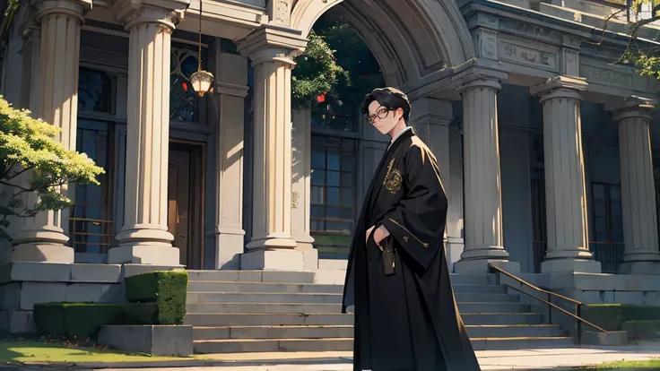 A white kitten，Wearing a pair of round glasses with black frames，Wearing a dark grey professorial robe，The robe has gold piping。It stands in front of an ivy-covered teaching building on a university campus.，There is green grass under your feet。