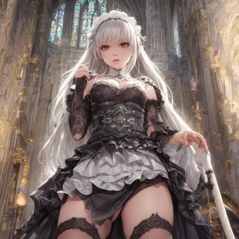 a gothic lolita girl in a majestic cathedral, beautiful detailed eyes, beautiful detailed lips, extremely detailed eyes and face, long eyelashes, elegant gothic dress with a skirt full of frills, red accent embroidery, long shining white hair, mysteriously...