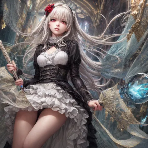 a gothic lolita girl in a majestic cathedral, beautiful detailed eyes, beautiful detailed lips, extremely detailed eyes and face, long eyelashes, elegant gothic dress with a skirt full of frills, red accent embroidery, long shining white hair, mysteriously...