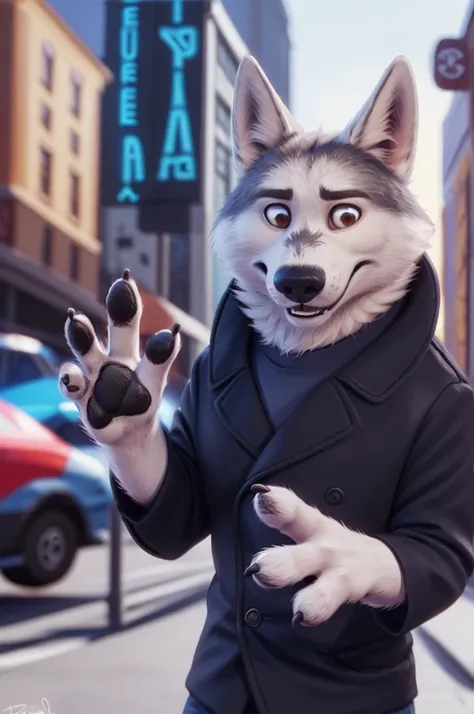 gary \(zootopia\), (white body:1.3), white fur, brown eyes, zootopia, clothed, black jacket, canine, wolf, detailed fur, male, a...