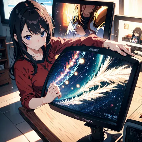 Close-up of a person sitting at a desk with a television, A shy smile,A shy smile,Smooth anime CG art, Highly detailed anime, ( Highly detailed numbers ), 8K High Resolution, Detailed Art, High quality and detailed animation, | Anime with attention to deta...