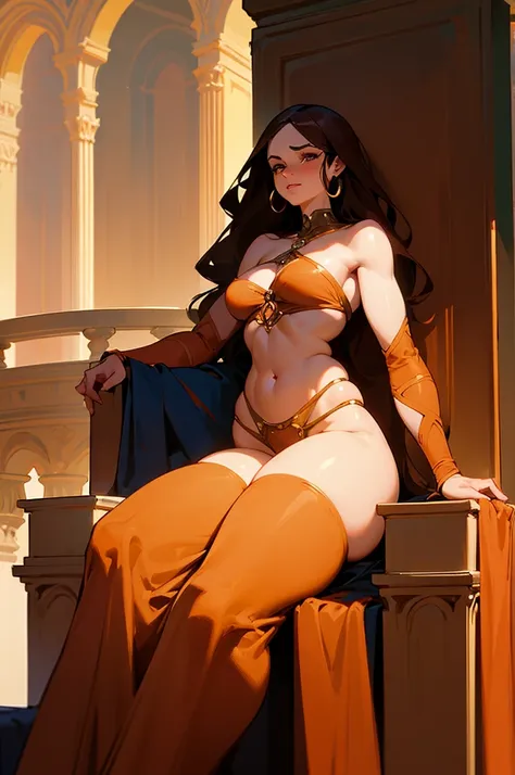 thicc, beautiful, callipygian, fertile, desert queen, milf, naked, barsoom, mars, rome, a little bit of a belly paunch, decorated harness, dusky ochre red skin, dark hair. lounging seductively in a luxurious throne room