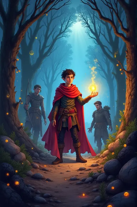 Create a vibrant and mystical cover page for a fantasy-adventure book titled "Kieran and the Crimson Amulet." The scene should depict a young hero, Kieran, who is a hybrid with both elf and demon traits. He stands confidently in a dark, enchanted forest su...