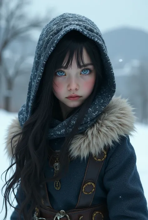 Young girl with black hair and ice blue eyes wearing medieval cold weather clothes