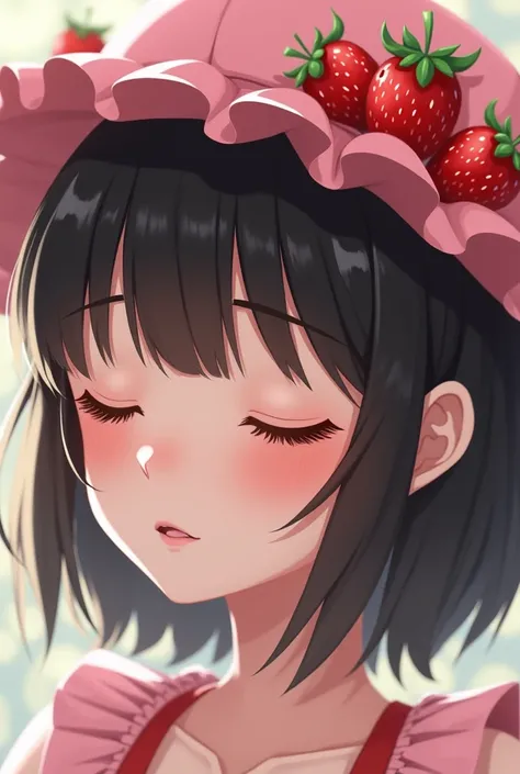 Female character with short hair with bangs, medium-dark skin-colored hair, closed eyes, and a hat that has kawaii strawberry decorations💖💕