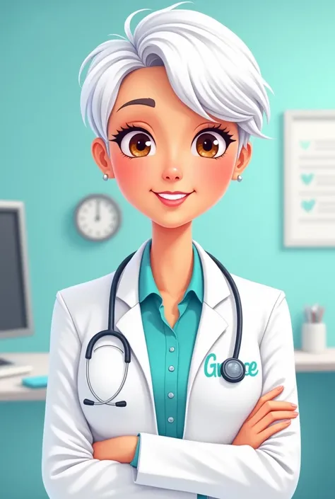 Barbie cartoon brown eyes ,doctor with short white hair with the name Greece on the side 